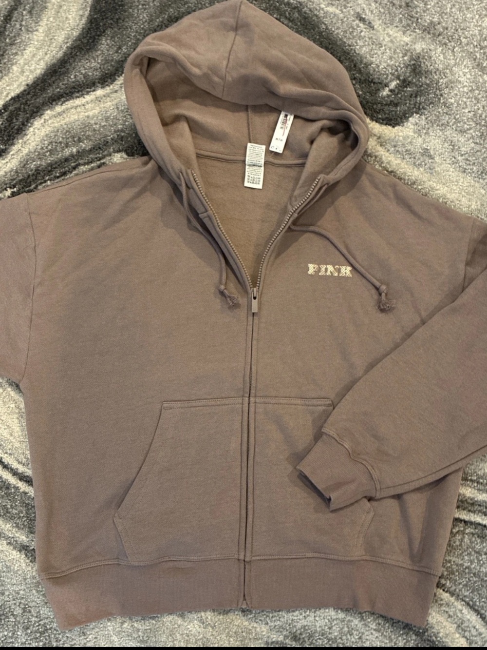 New V.S. PINK Mocha Varsity Plaid Logo Drawstring Full Zip Hoodie